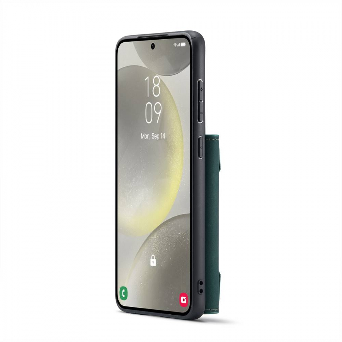 Dunkelgrüne Handyhülle, angewinkelt, mit Telefon. Das Telefon zeigt Zeit und Datum.