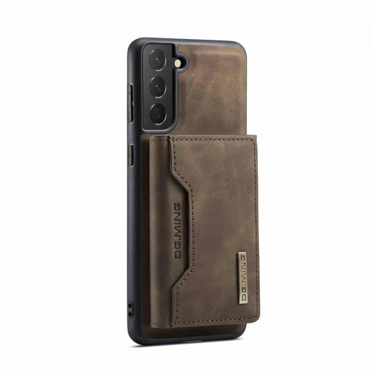 Braune Leder-Handyhülle mit Kartenhalter. Das Telefon hat eine Kameraerhebung.