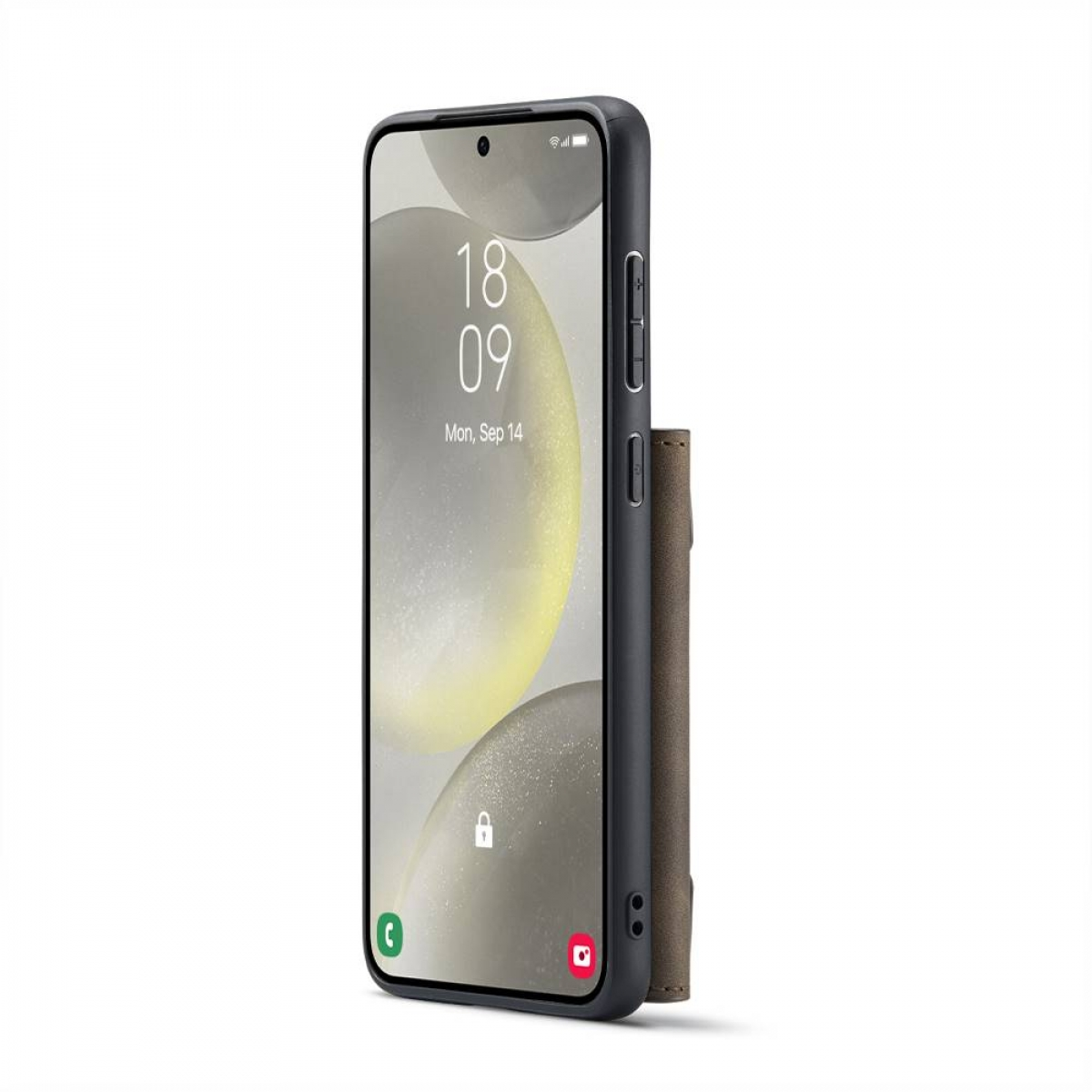 Schwarzes Telefon in Hülle mit lederartiger Handyhülle mit Kartenhalter.
