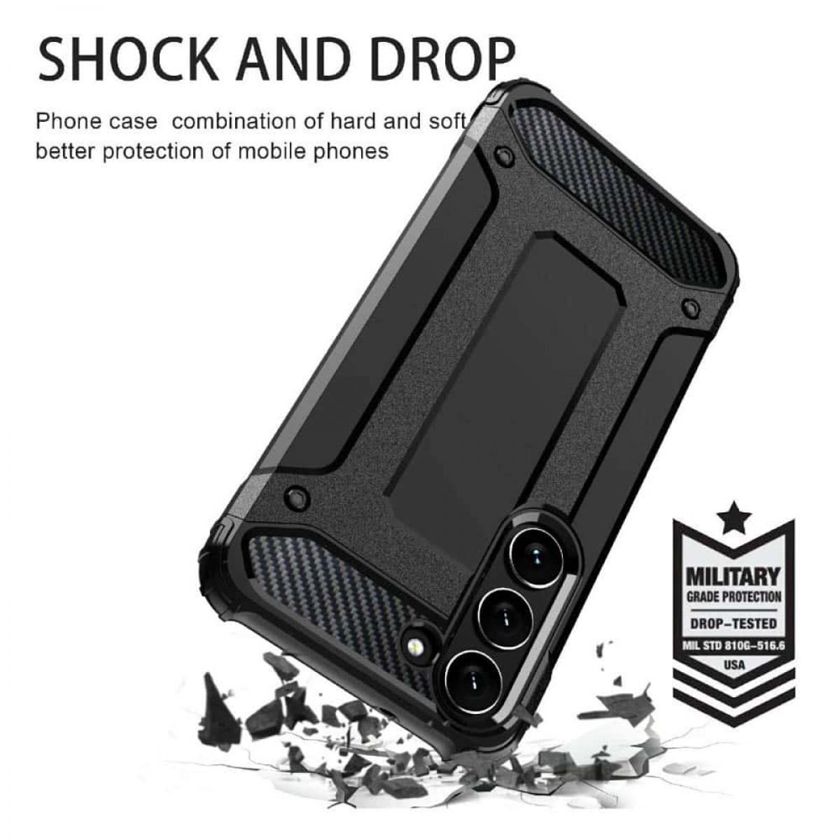 Schwarze Handyhülle mit dem Text "SHOCK AND DROP" und zerbrochenem Boden.