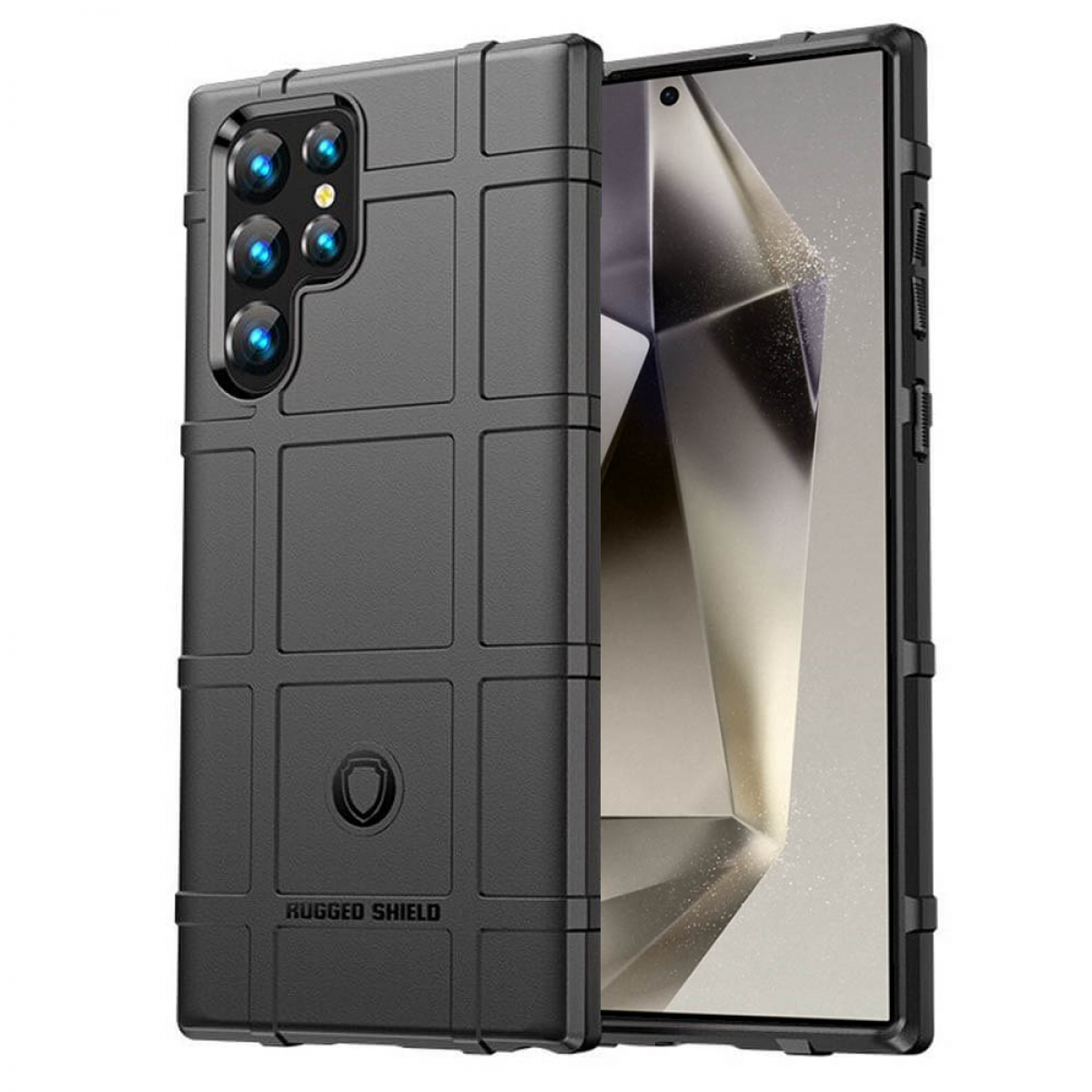 Eine schwarze Handyhülle mit Gittermuster. Das Telefon befindet sich im Gehäuse.