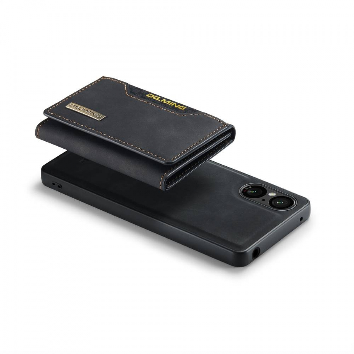 Schwarze Telefon-Geldbörse mit Kreditkartenhalter und Telefon, auf weißem Hintergrund.