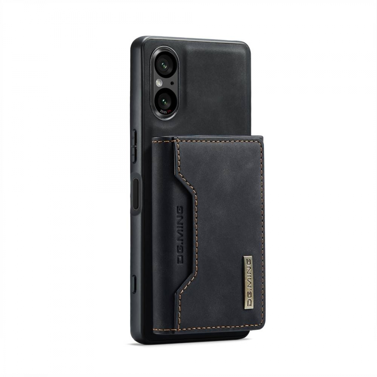 Schwarzes Telefon mit schwarzem Leder-Wallet. Braune Nähte und DGMING-Branding.