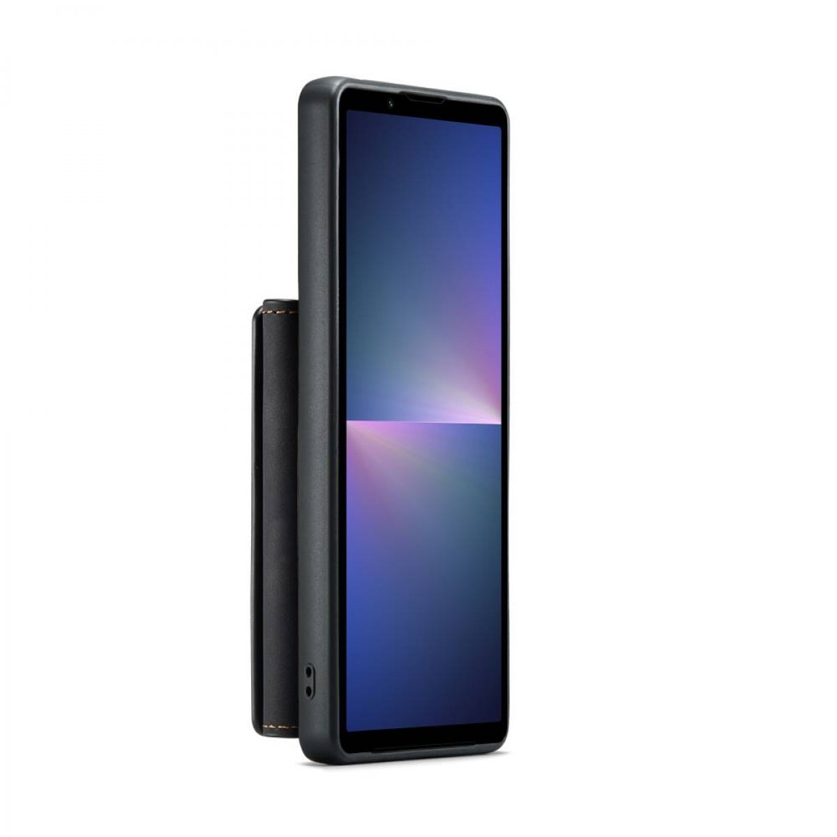 Eine schwarze Handyhülle mit einem Telefon darin. Das Telefon ist von der Seite sichtbar.
