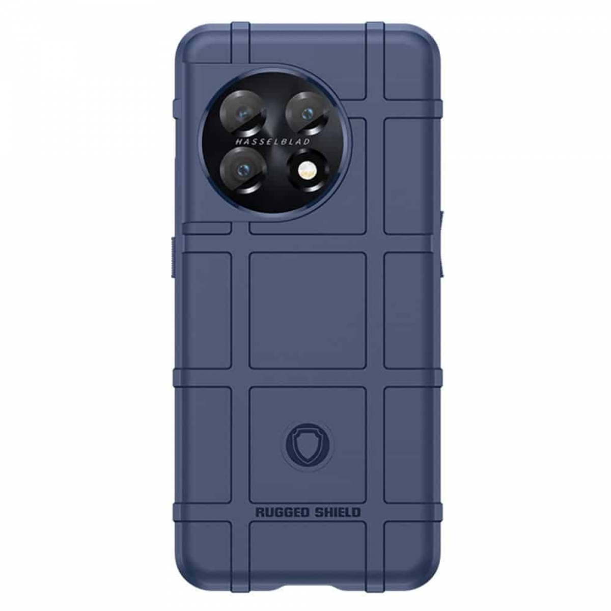 Navyblaue Handyhülle mit Gittermuster und drei Kameralinsen.