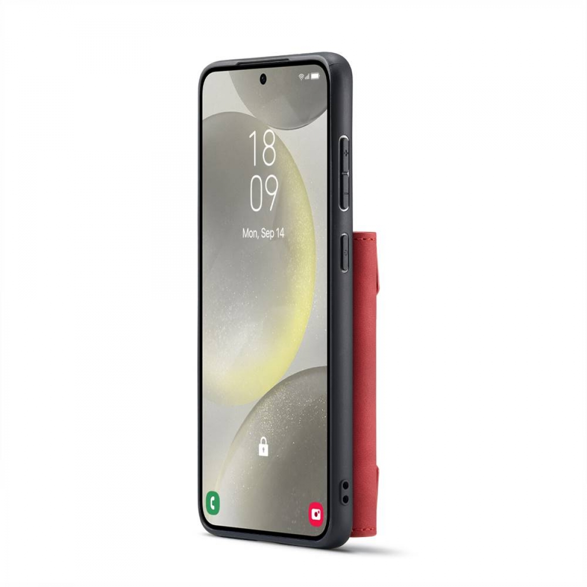 Ein schwarzes Telefon mit roter Geldbörsenhülle. Das Telefon zeigt einen Sperrbildschirm mit Datum und Uhrzeit.