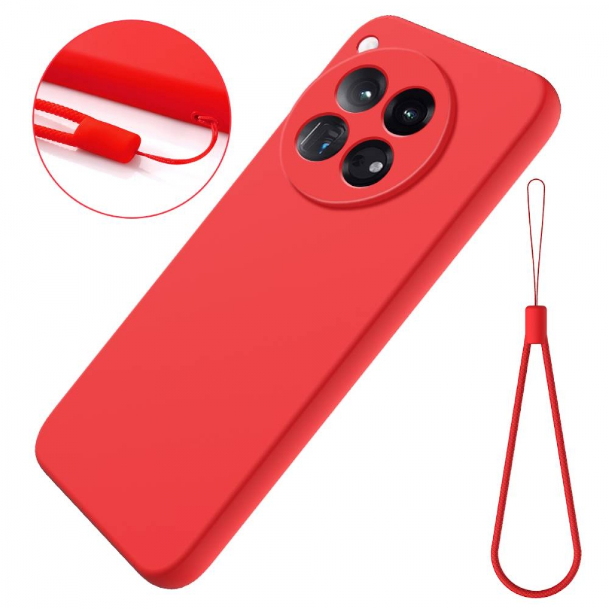Rote Handyhülle mit roter Handschlaufe. Weißer Hintergrund.
