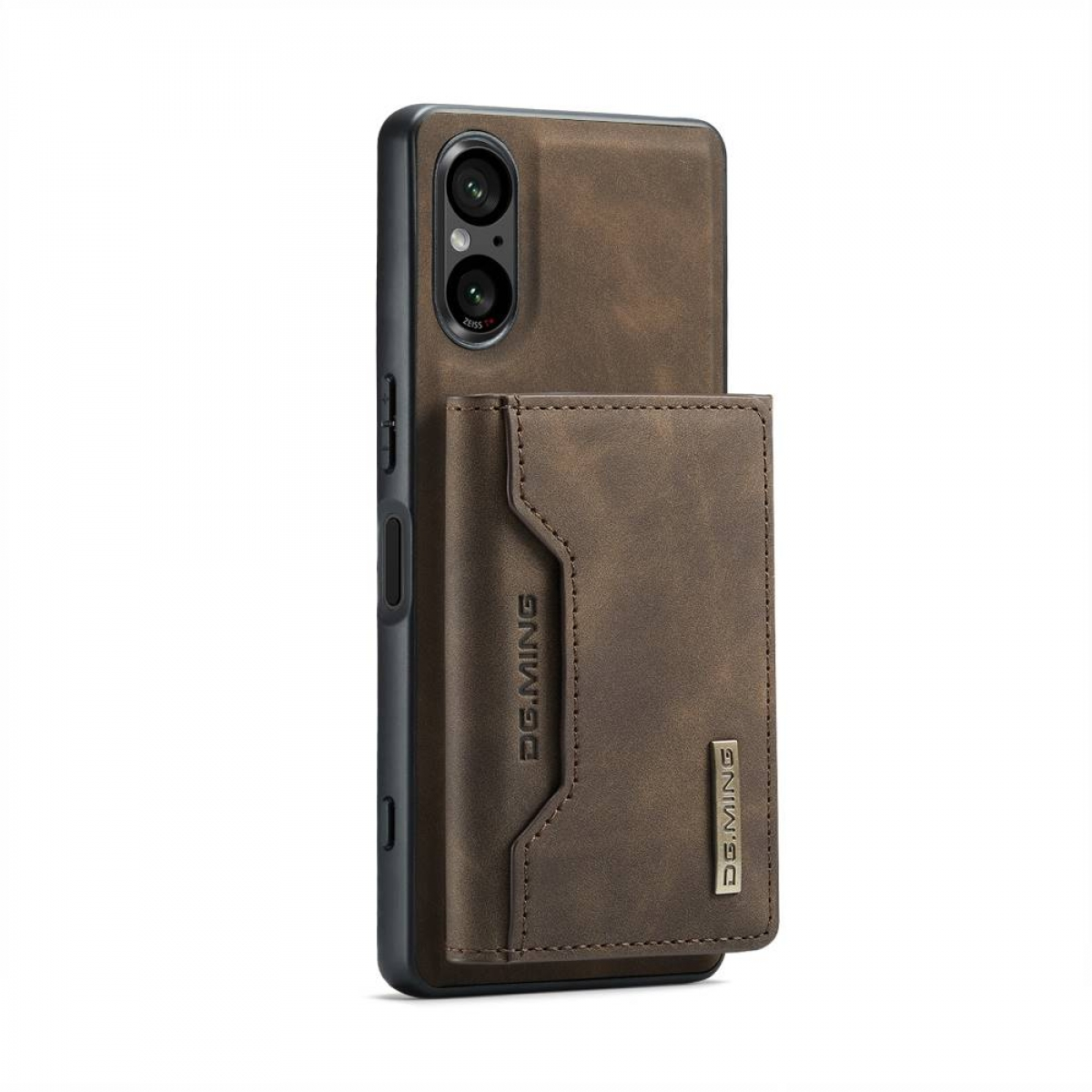Schwarzes Telefon mit braunem Leder-Wallet. Braune Nähte und DGMING-Branding.
