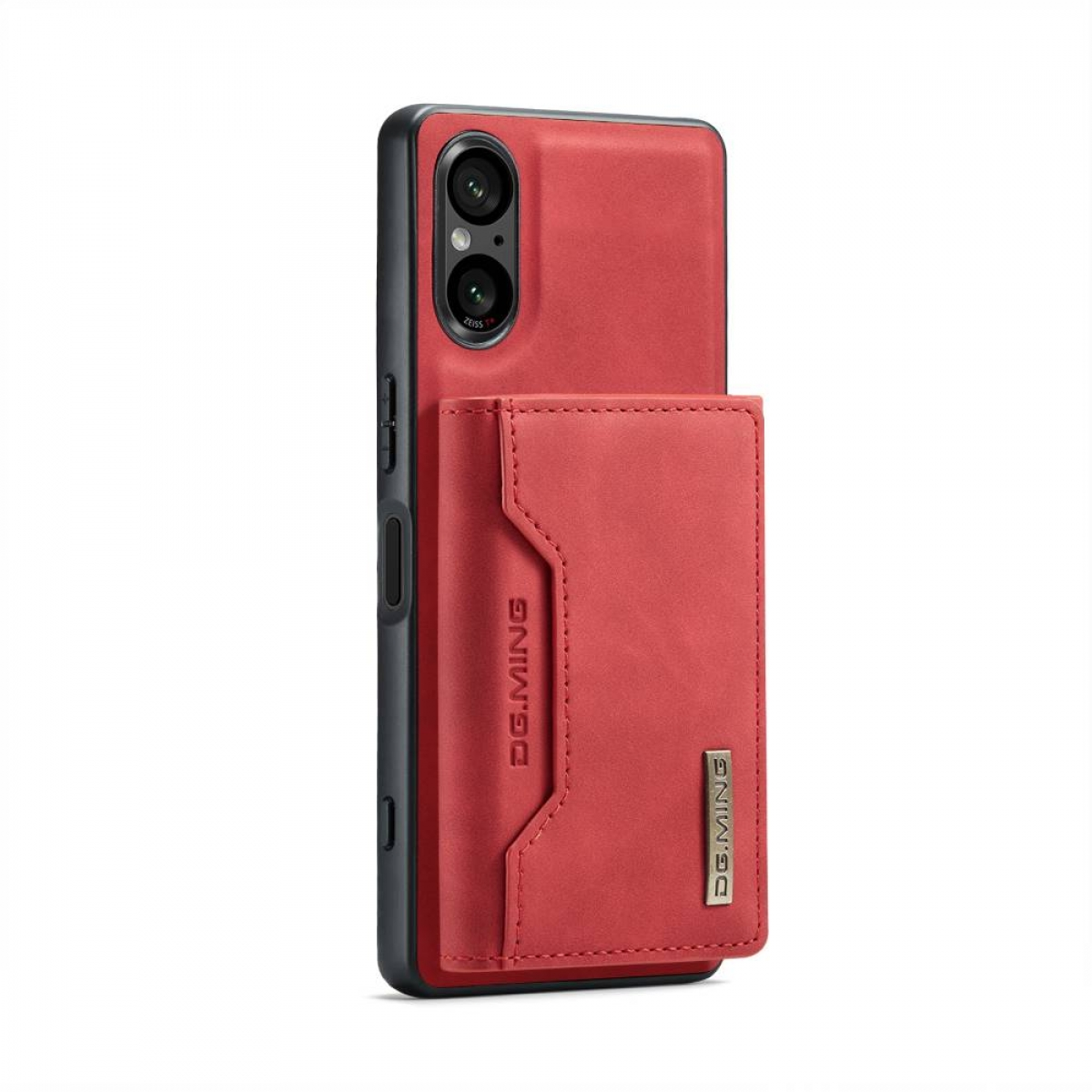 Rote Handyhülle mit Kartenhalter, vor weißem Hintergrund.