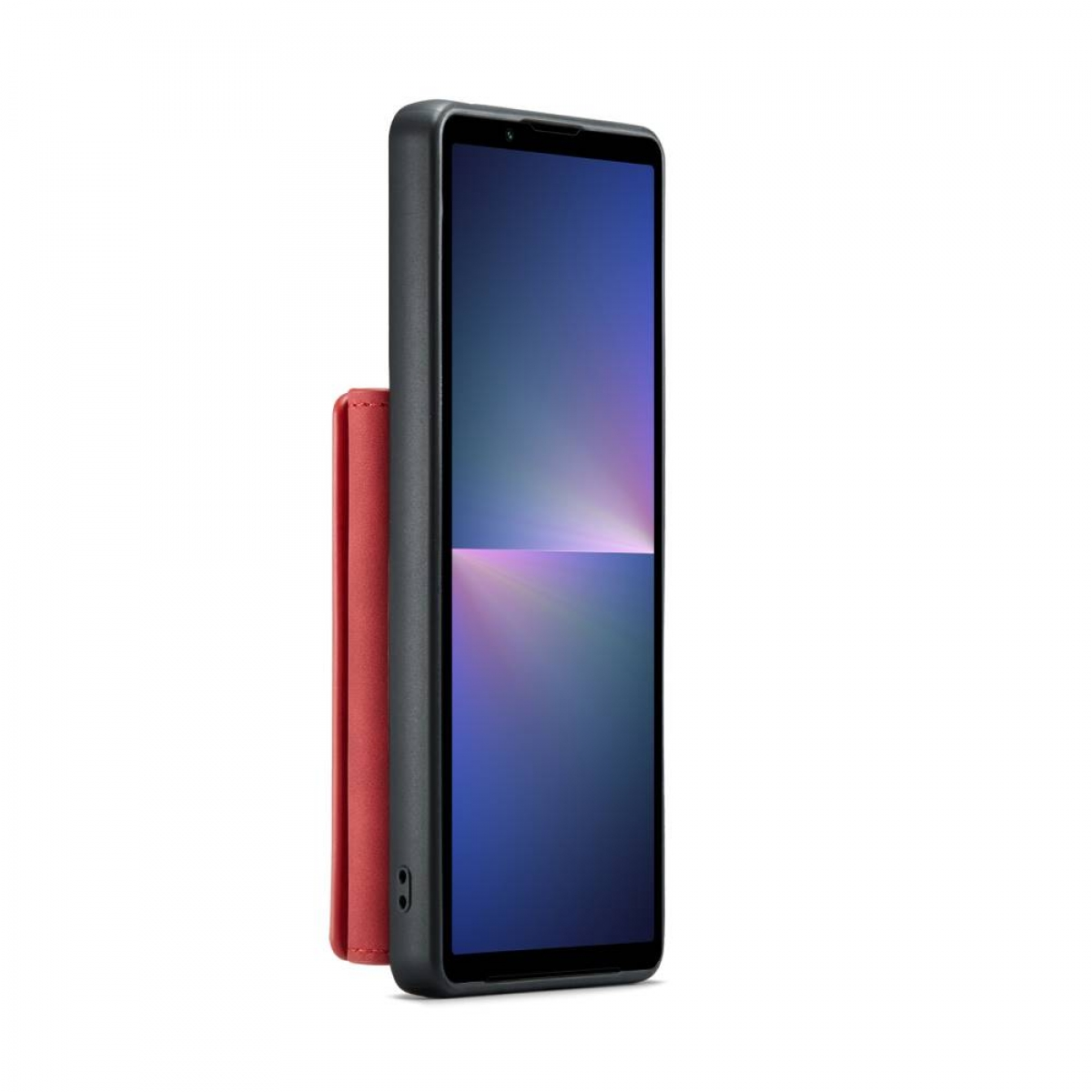 Telefon in schwarzer Hülle mit roter Geldbörsen-Abdeckung.