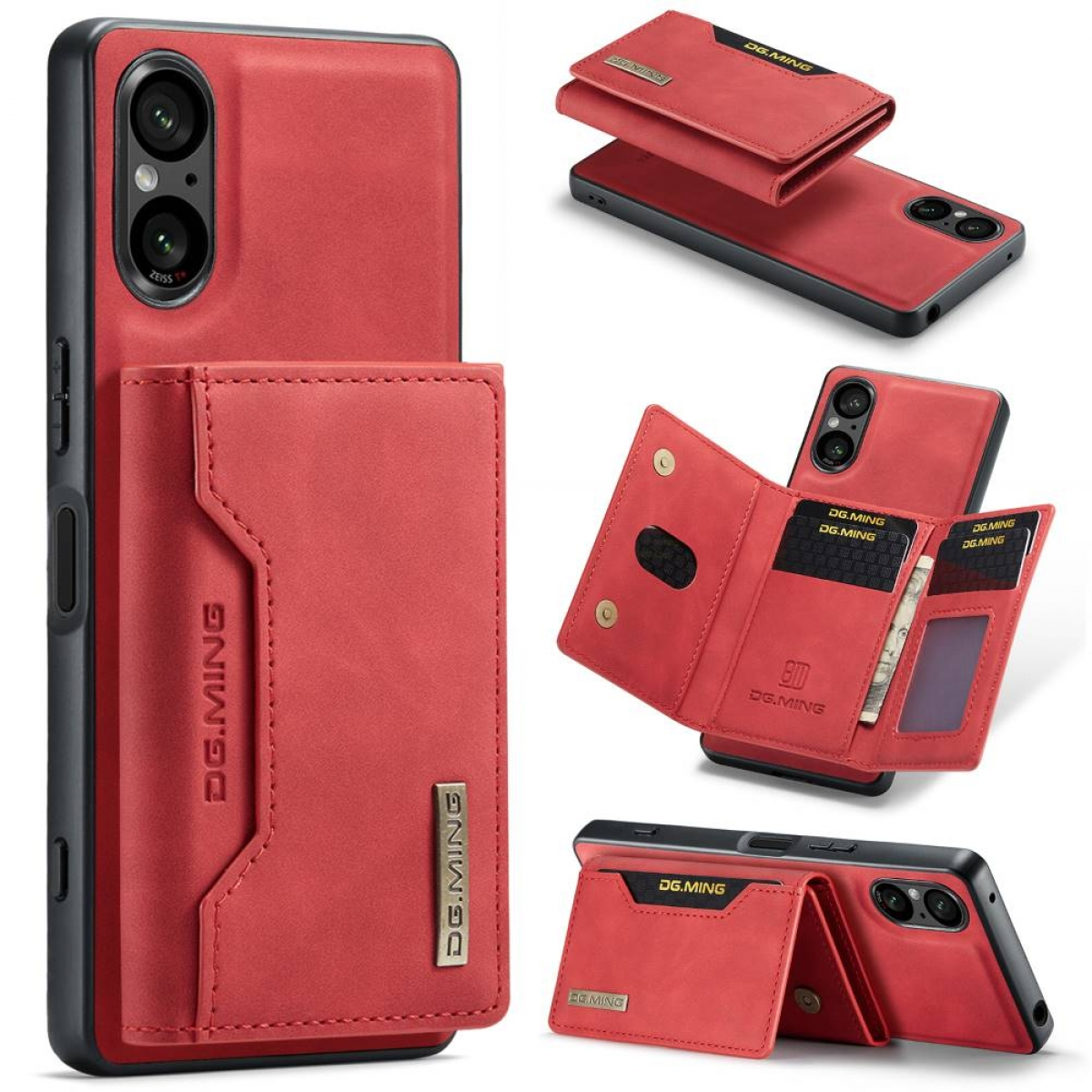 Rote Leder-Handyhülle mit Kartenhalter. Mehrere Ansichten der Hülle. Telefon ist rot.
