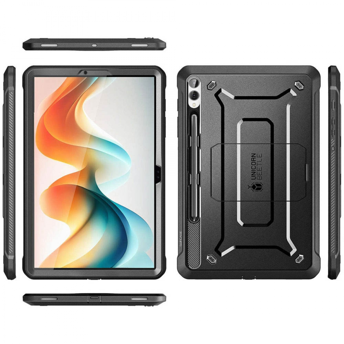 Tablet mit schwarzer Schutzhülle. Zeigt das Tablet aus mehreren Blickwinkeln.