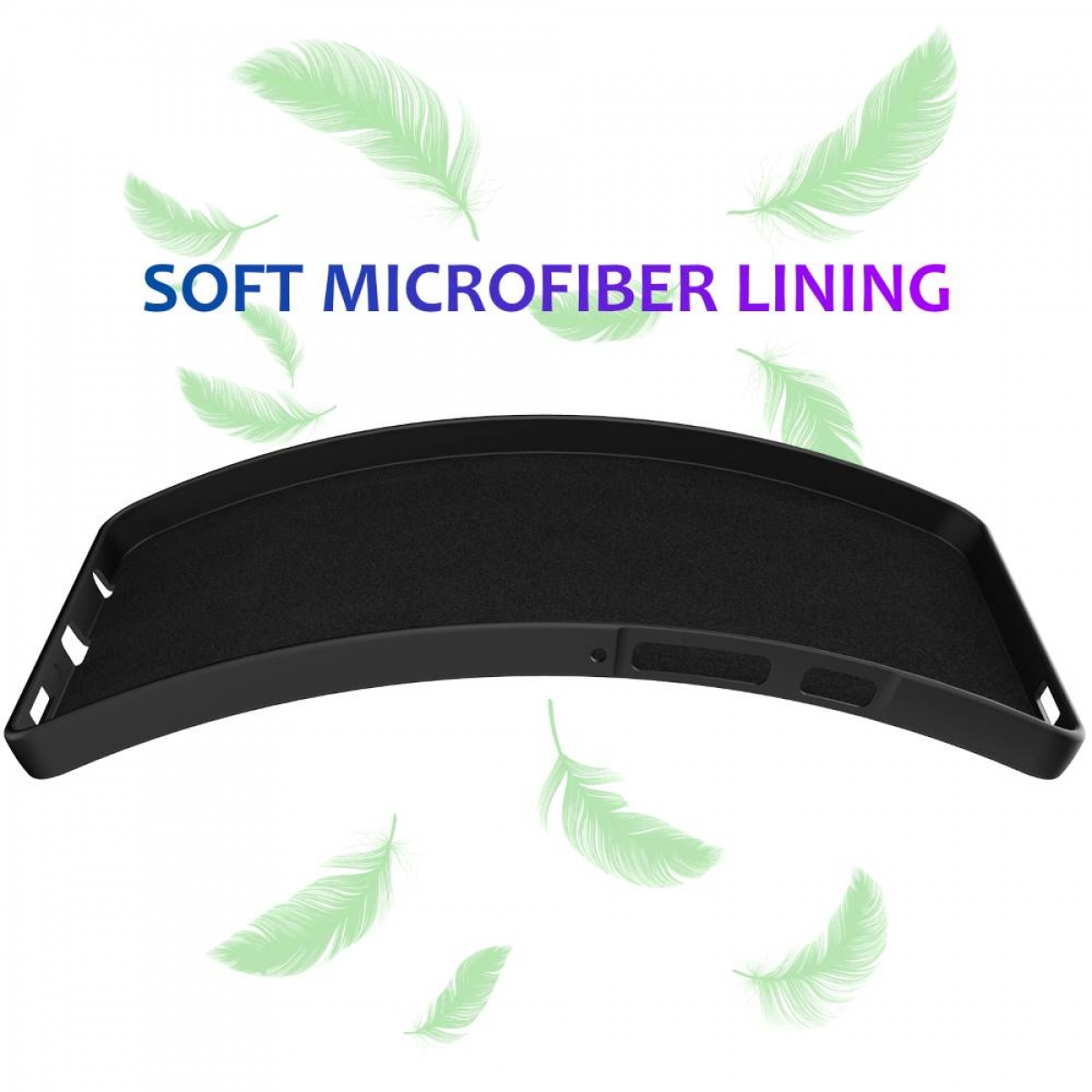 Schwarze Handyhülle mit Mikrofaserfutter und schwebenden Federn.