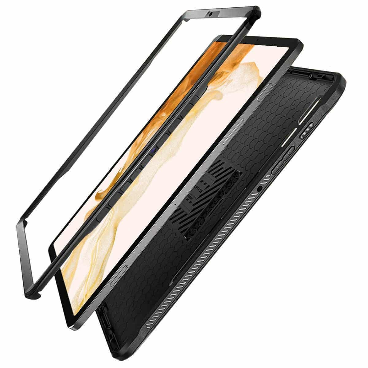 Eine Tablet-Hülle mit verschiedenen Schichten, schwarz und transparent, auf Weiß.