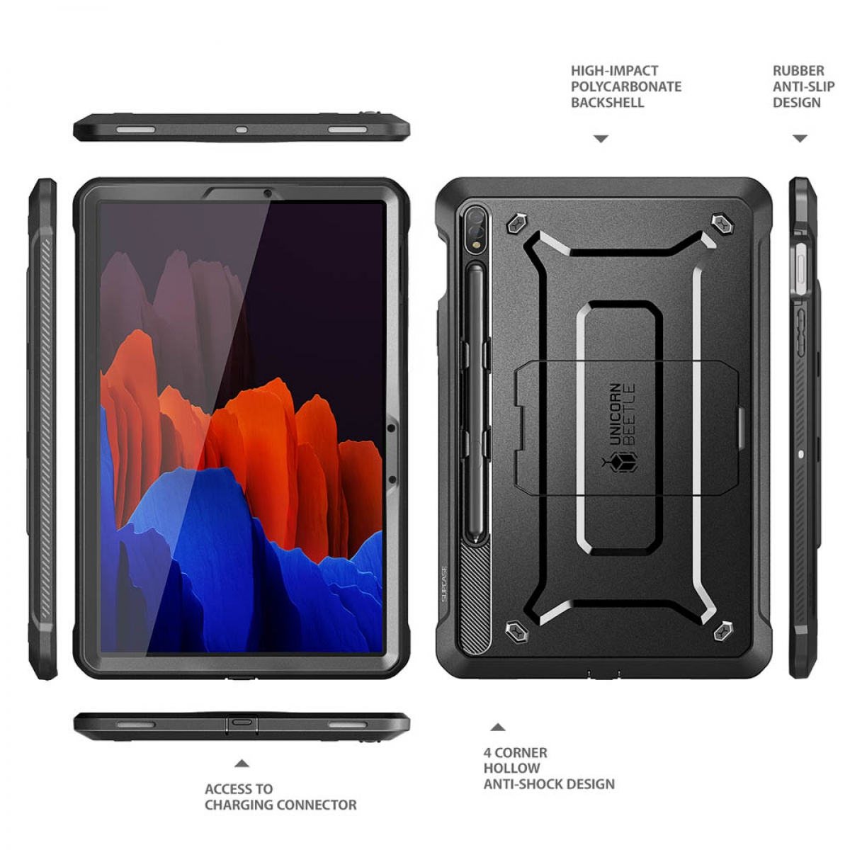 Schwarze Tablet-Hülle mit Stifthalter und Eck-Stoßschutz.