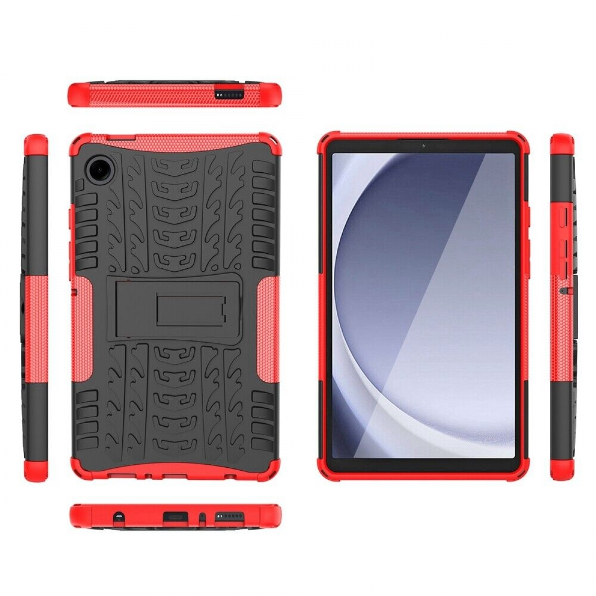 Tablet-Hülle. Eine rot-schwarze Hülle mit Ständer und Displayschutz.