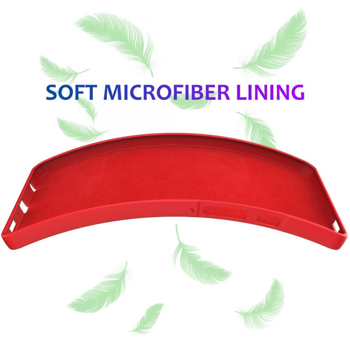 Ein rotes Handyhülleninnere mit grünen Federillustrationen und dem Text 'WEICHES MIKROFASERFUTTER'.