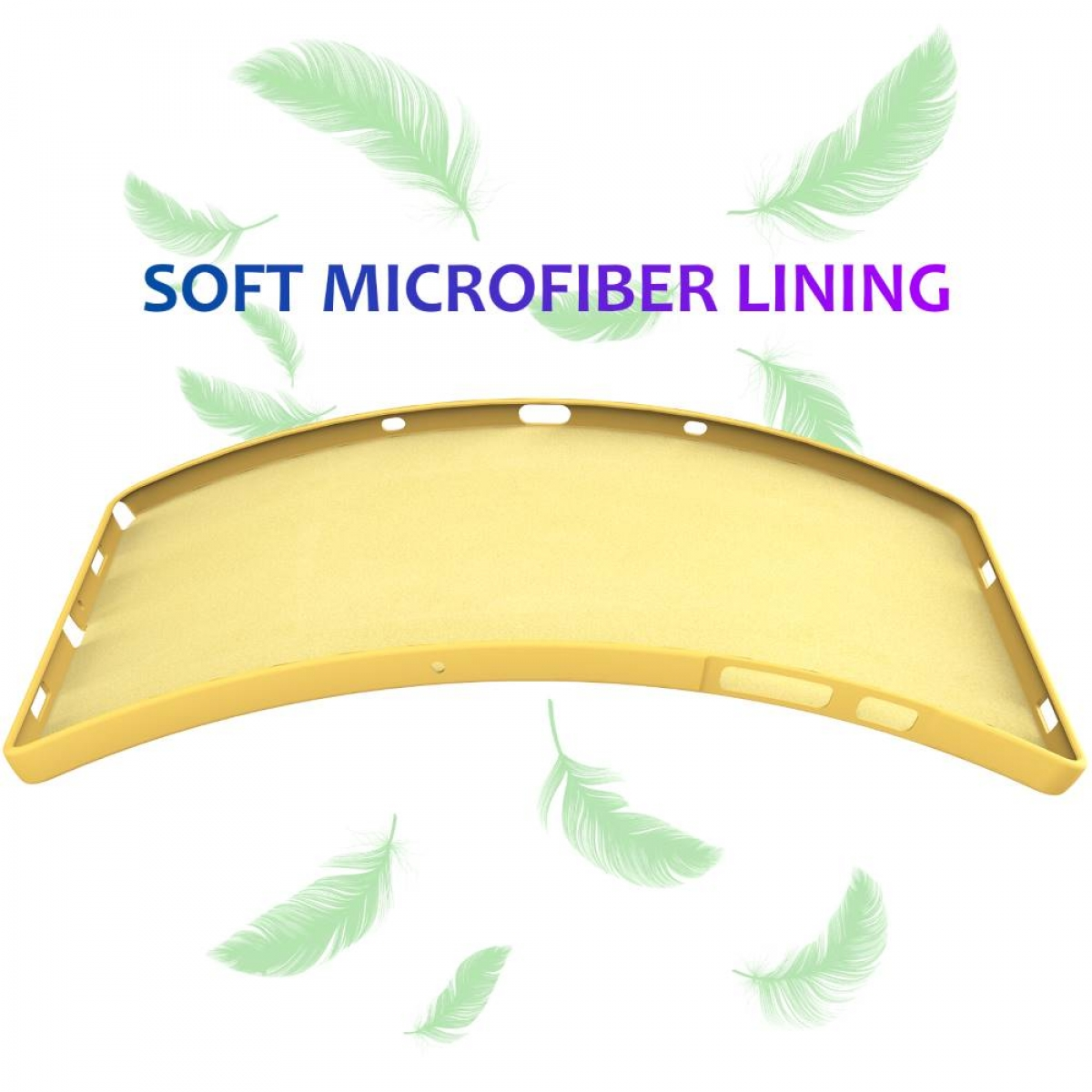 Ein gelber Gehäuseinnenraum mit den Worten SOFT MICROFIBER LINING und schwebenden grünen Federn.