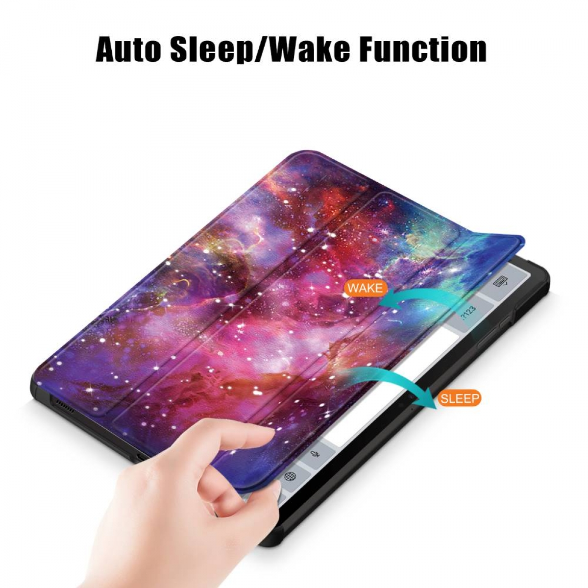 Tablethülle mit Galaxie-Design. Sie ist geöffnet und zeigt das Tablet im Inneren.