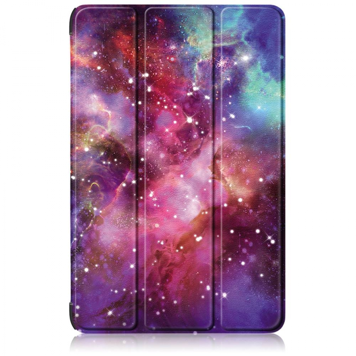 Eine Tablethülle mit Galaxie-Design. Die Hülle ist geschlossen und hat eine reflektierende Oberfläche.