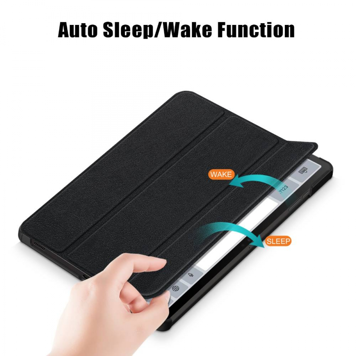 Geöffnete schwarze Tablet-Hülle, zeigt den Bildschirm des Tablets. Text: 'Auto Sleep/Wake'.