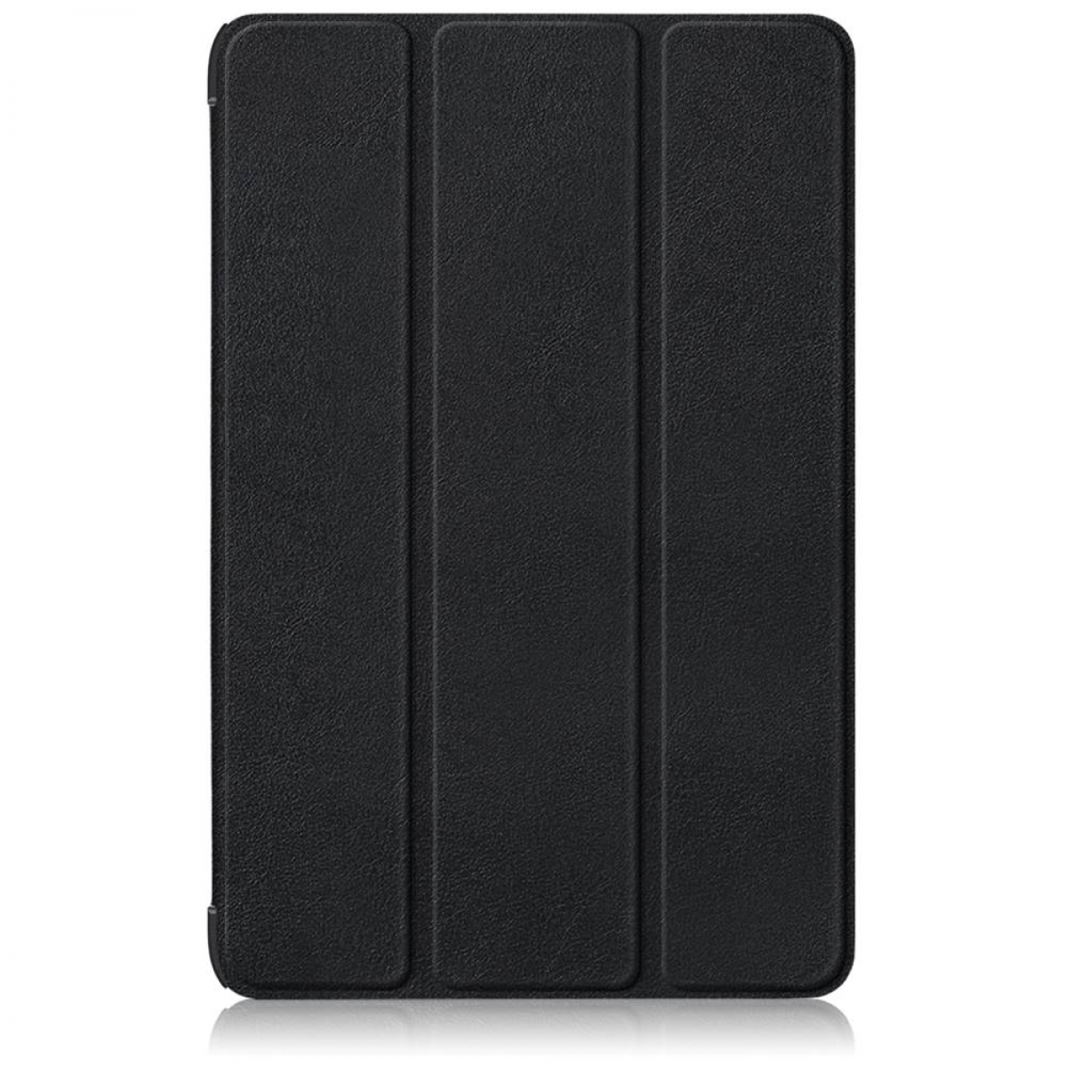 Schwarze Tablet-Hülle mit drei Faltabschnitten. Reflektierende Oberfläche. Minimalistisches Design, klare Linien.