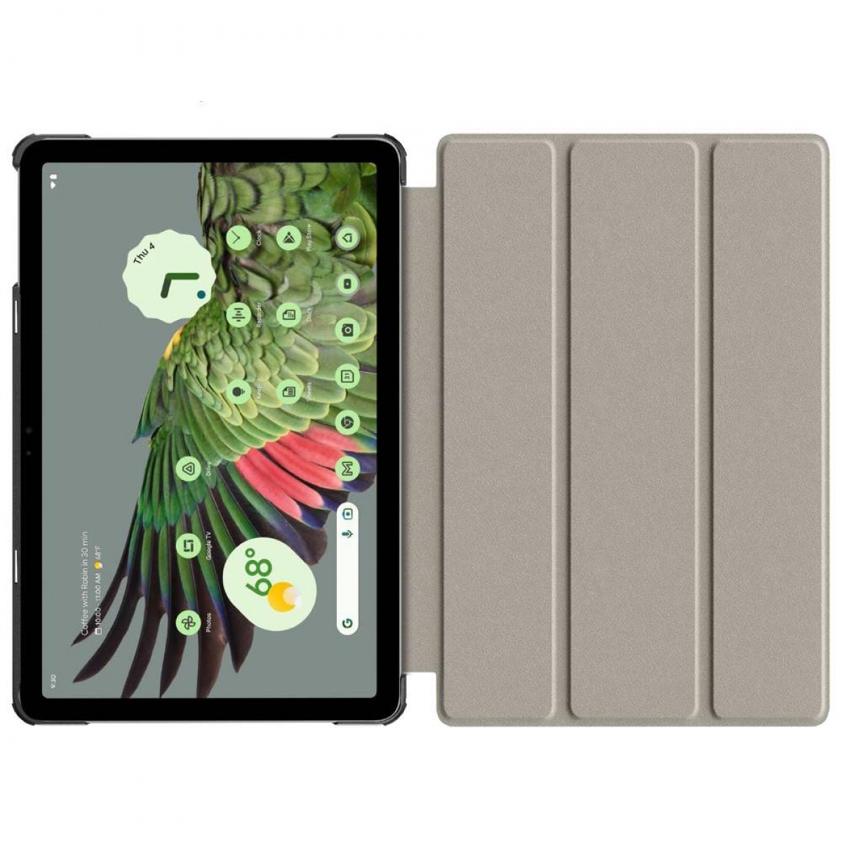Tablet mit offener Hülle, zeigt einen grünen und roten Vogel auf dem Bildschirm.
