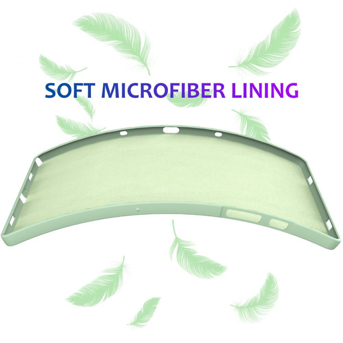 Ein minzgrüner Filter mit dem Text 'SOFT MICROFIBER LINING' und schwebenden Federn.