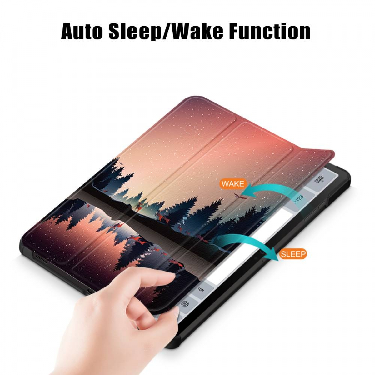 Tablet mit Hülle, die eine Landschaft mit Bäumen zeigt. Die Hülle zeigt Schlaf- und Weckfunktionen an.