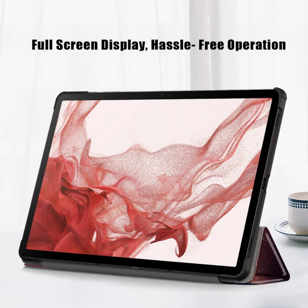 Ein Tablet in einem Gehäuse, hochgestellt. Text: 'Full Screen Display, Hassle-Free Operation'.
