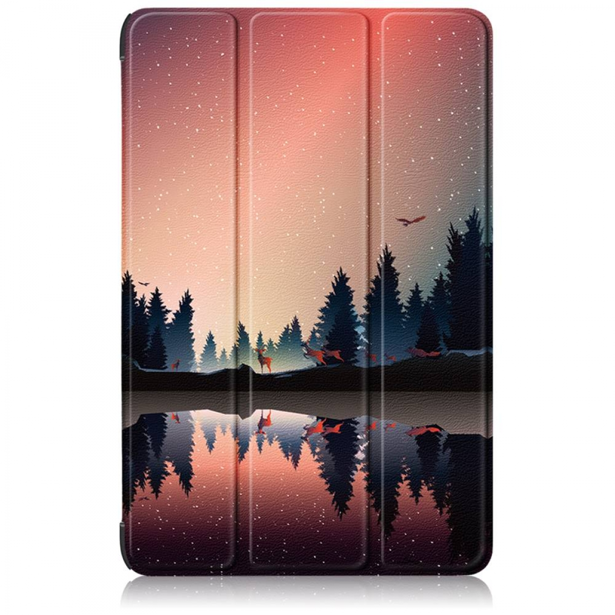 Tablet-Hülle mit einer Waldszene. Der Wald spiegelt sich in einem See. Nachtszene mit Sternen.