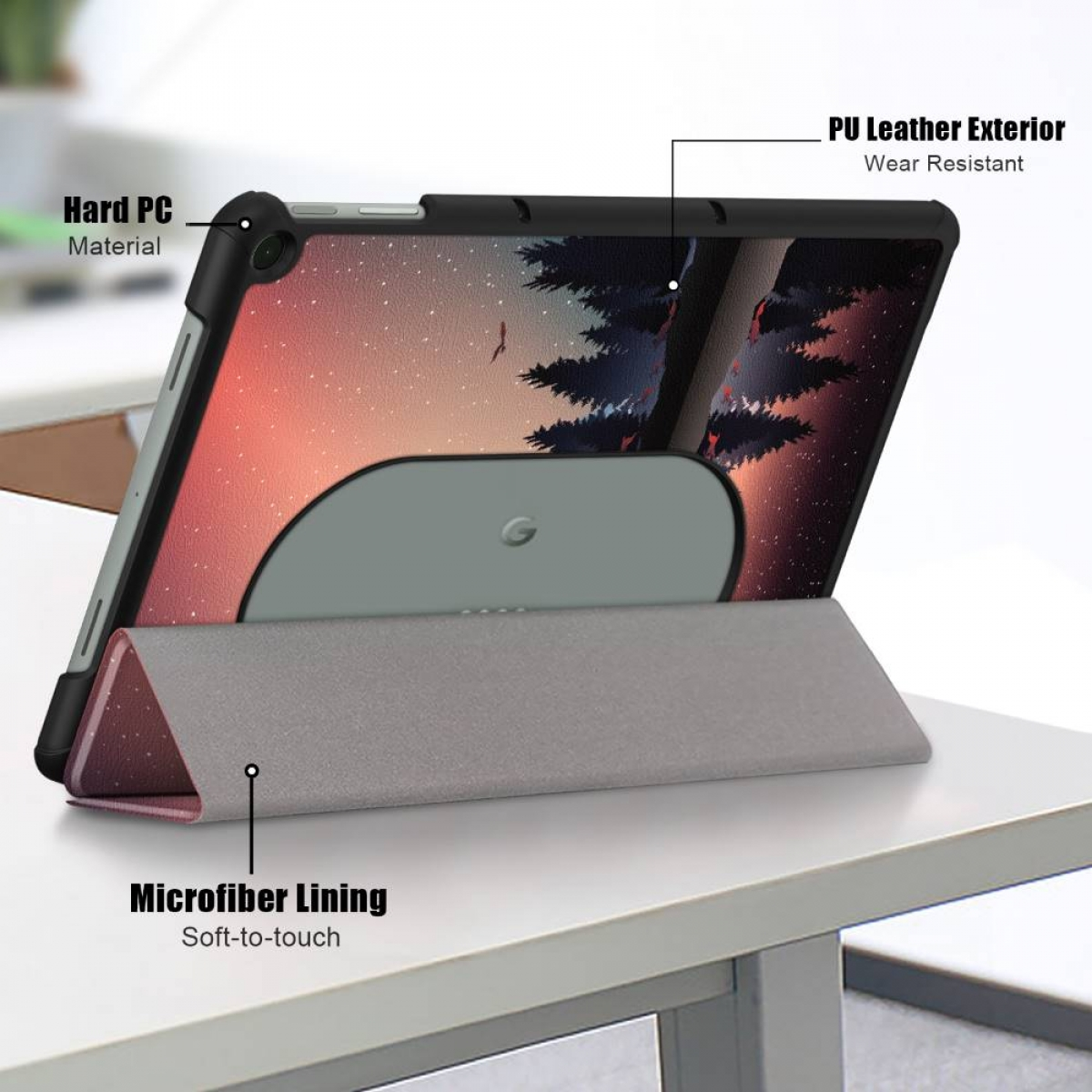 Tablet in einer Hülle mit Hart-PC-Material, Leder-Außenseite und Mikrofaser-Futter.
