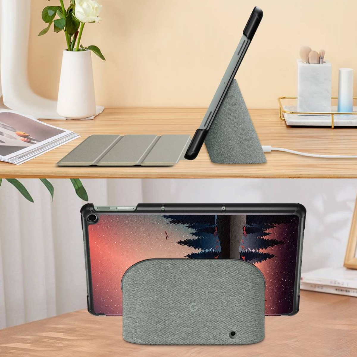 Tablet auf einem Ständer mit Hülle. Ein weiteres Tablet in einer Hülle und ein Schreibtisch mit Blumenvase.