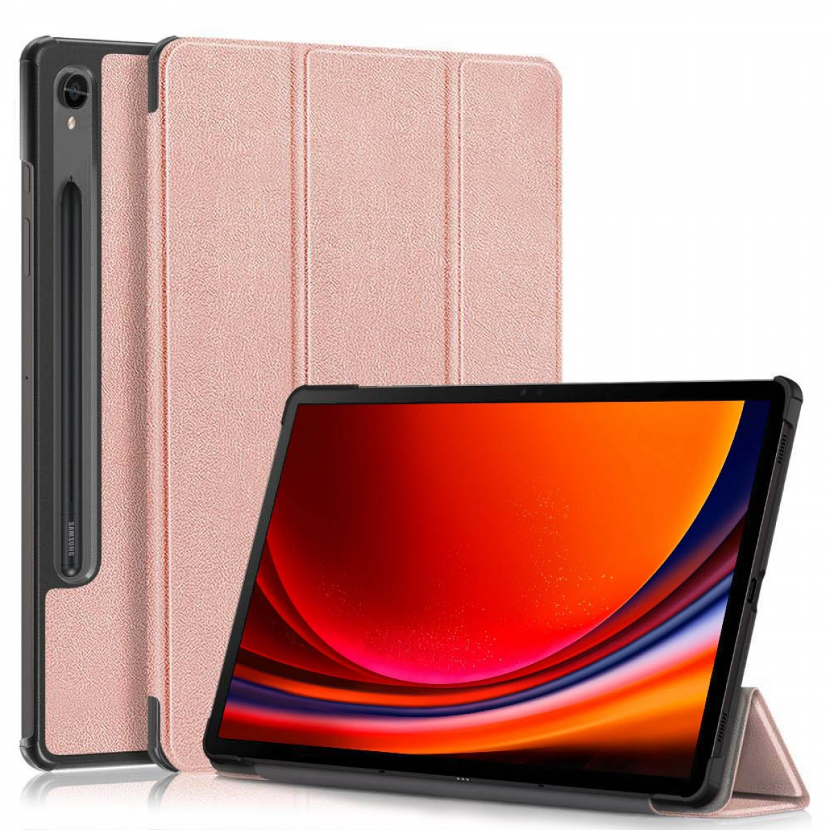 Rosa Tablet mit rosa Hülle und schwarzem Stift auf weißem Grund.