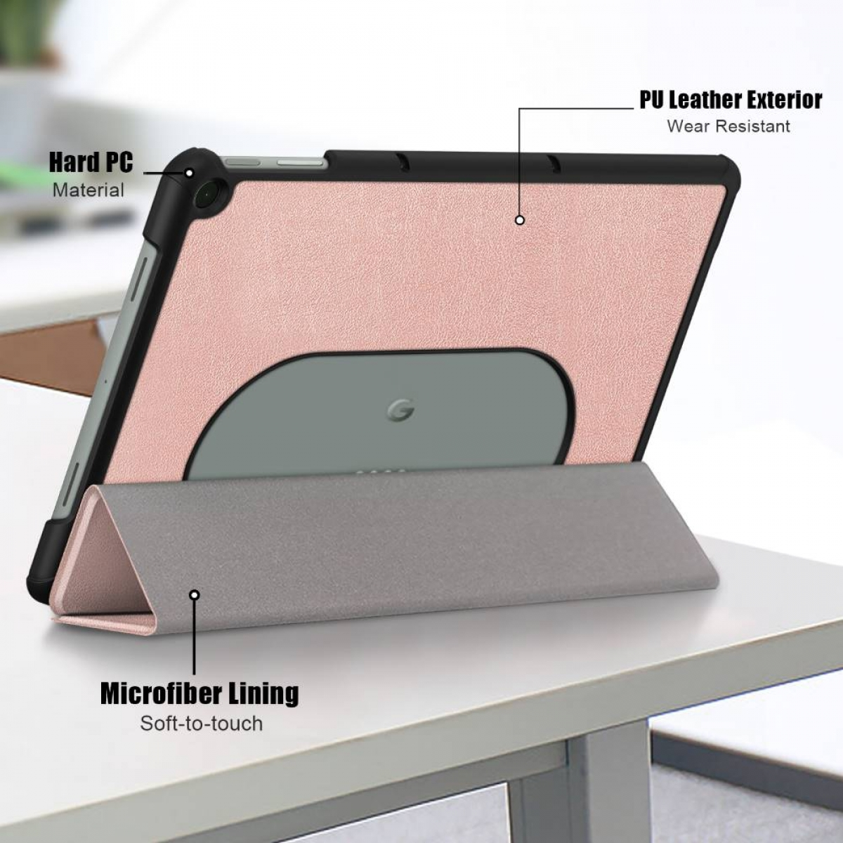 Tablet in einer Hülle mit Ständer. Rosa Rückseite mit grauem Ständer und hartem PC-Material.