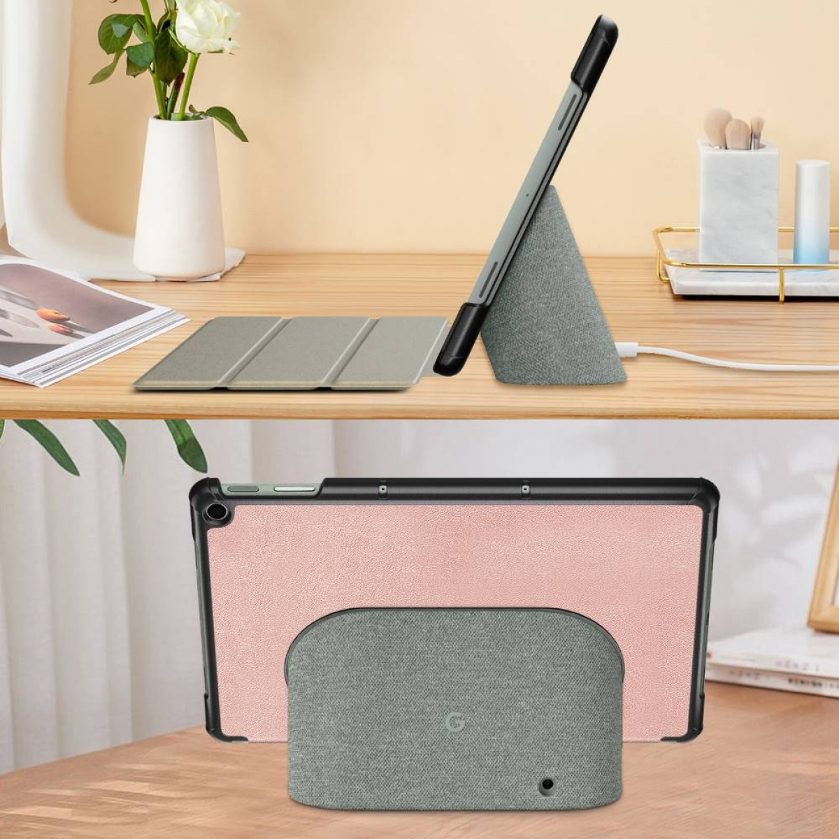 Zwei Ansichten einer Tablethülle. Eine Ansicht zeigt das Tablet aufgestellt. Die andere ist flach.