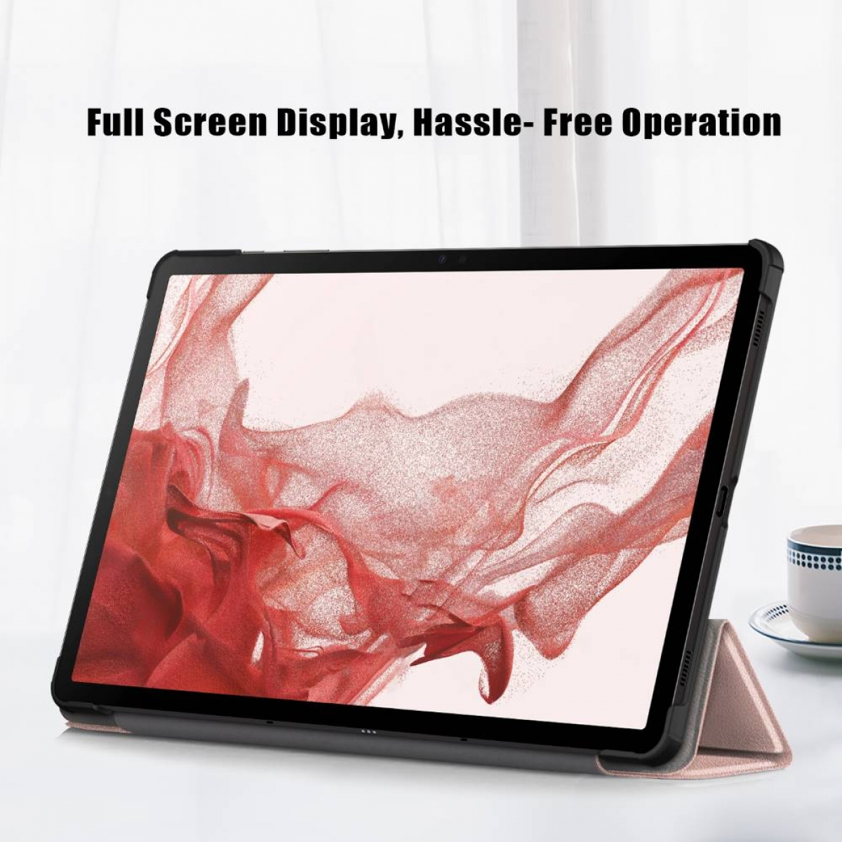 Tablet in einem Gehäuse, Bildschirm zeigt ein rötliches Bild. Text oben: Full Screen Display, Hassle-Free Operation.