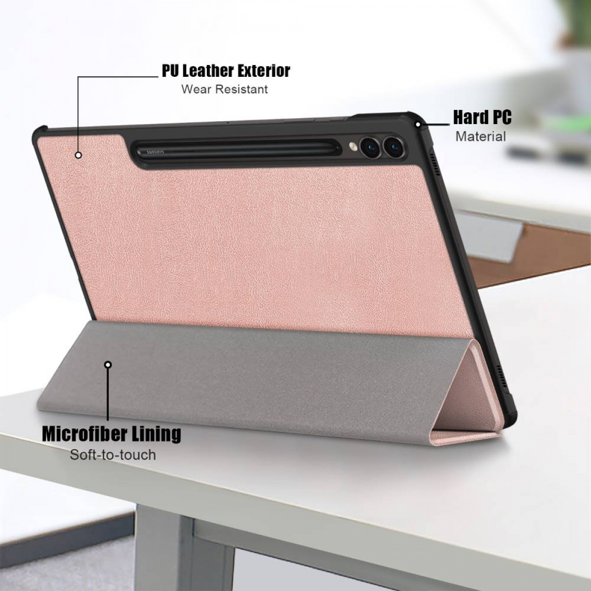 Tablet-Hülle mit Ständer, zeigt pinken Bildschirm und Text: PU-Leder Außen, Hartes PC-Material.