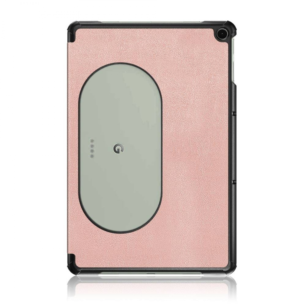 Rosa Tablet-Hülle mit Ladebereich. Schwarze Kanten und grauer Ladebereich sind zu sehen.