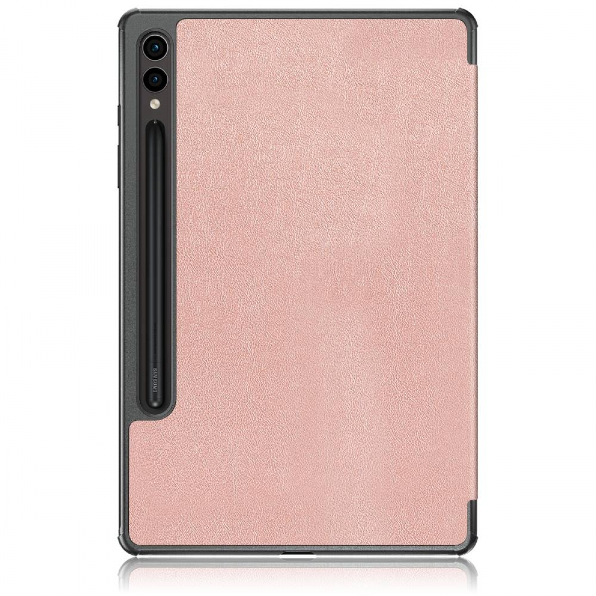 Eine rosa Tablethülle mit einem Stiftschlitz an der Seite. Die Rückseite des Tablets ist sichtbar.