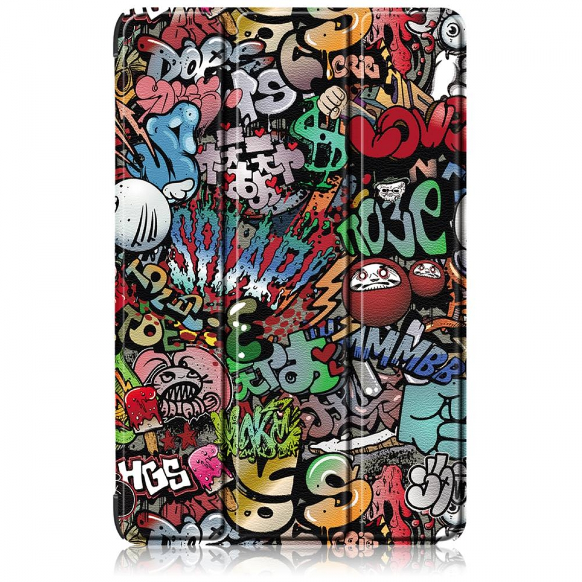 Eine Tablet-Hülle mit einem bunten Graffiti-Design, verschiedenen Bildern und Text.