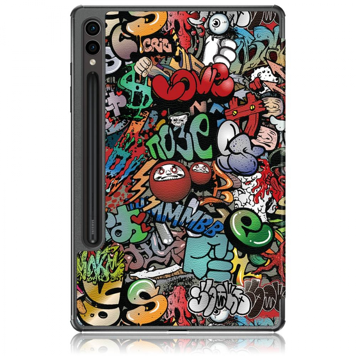 Tablet mit Graffiti-Kunst auf der Rückseite. Das Tablet liegt auf einer weißen Oberfläche.