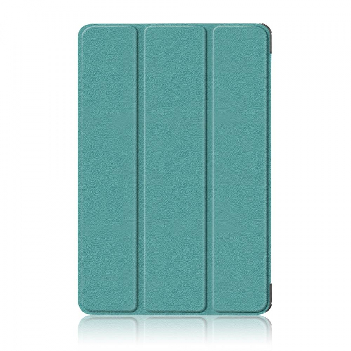 Türkisblaue Tablet-Hülle, geschlossen, mit dreifachem Faltendesign. Weißer Hintergrund.