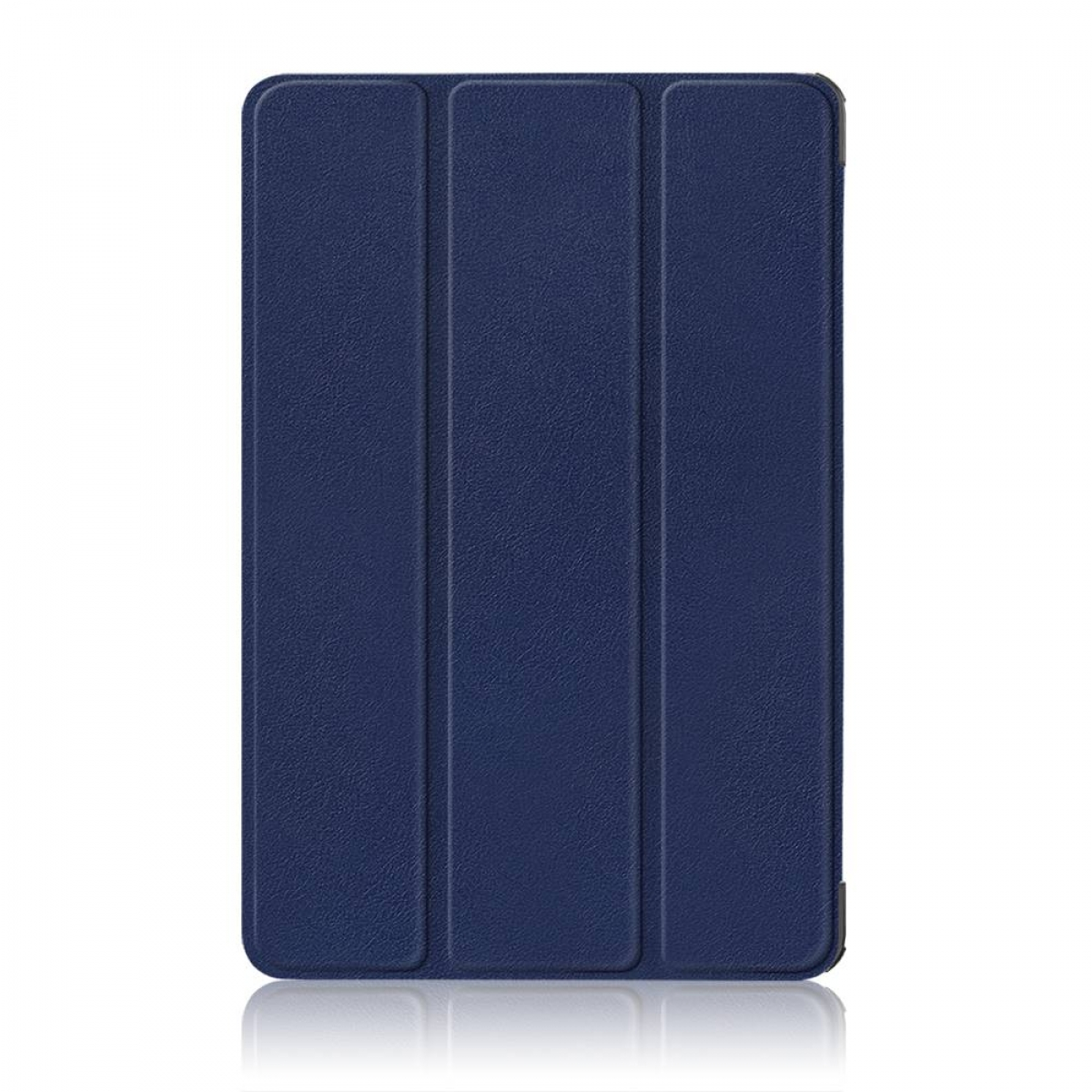Dunkelblaue Tablethülle. Sie ist in drei Abschnitte gefaltet. Die Oberfläche hat eine strukturierte, matte Oberfläche.