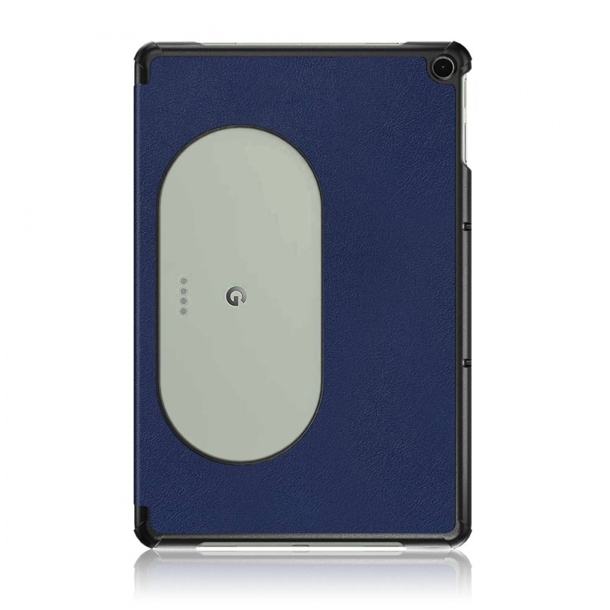 Tablet in einem Gehäuse mit Ladepad. Blaue und schwarze Farben.