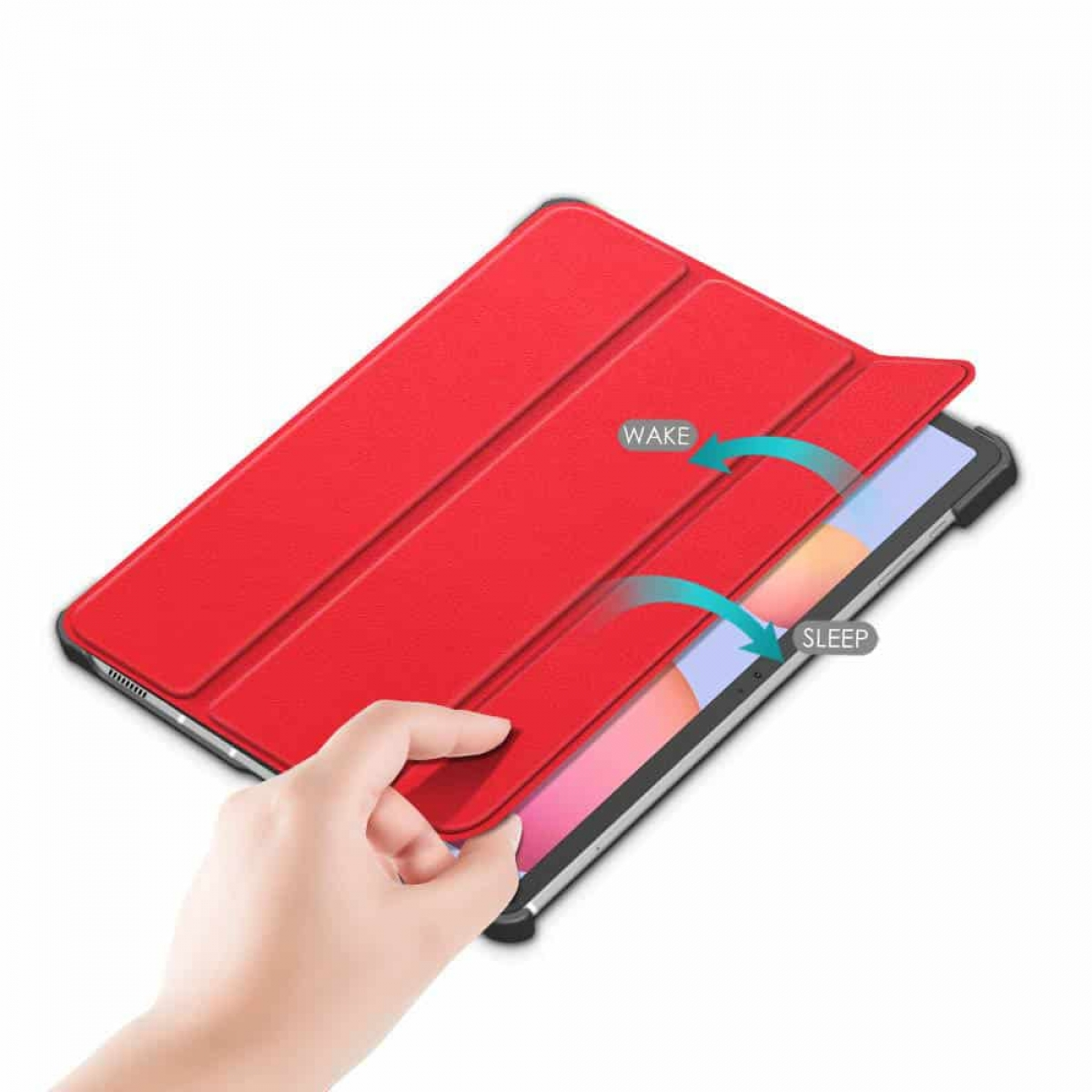 Rote Tablet-Hülle geöffnet, zeigt den Tablet-Bildschirm. Eine Hand öffnet die Hülle, die 'wake' und 'sleep' sagt.