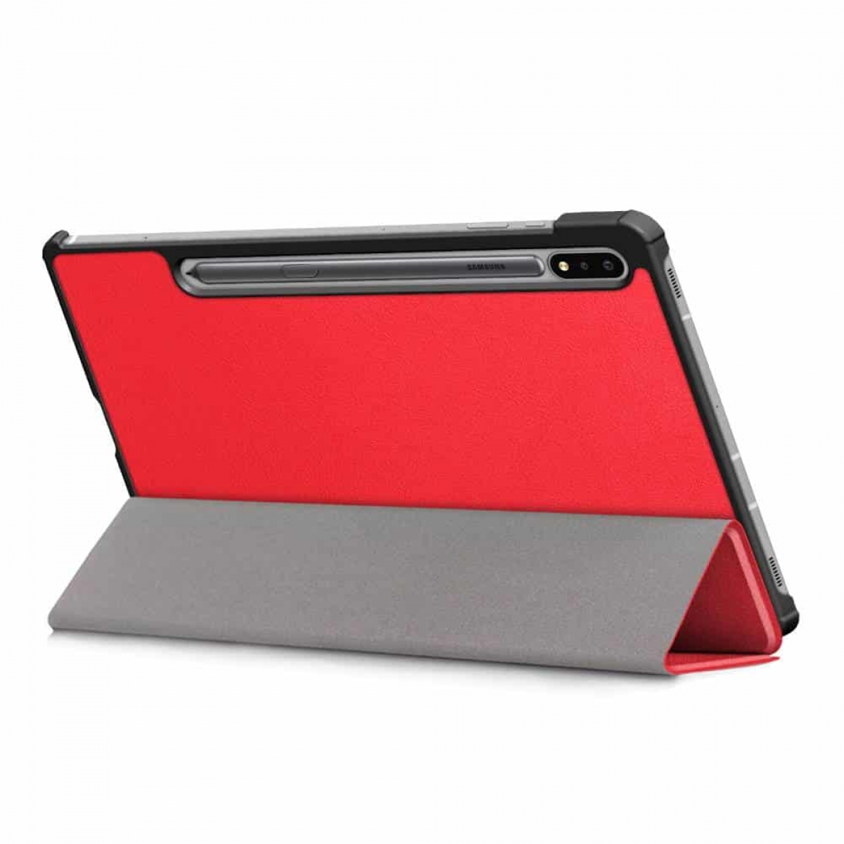 Tablet mit roter Rückseite und grauem Ständer. Der Bildschirm zeigt zum Betrachter.