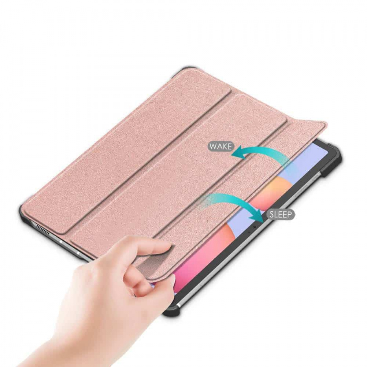 Tablet mit rosa Hülle. Hülle ist geöffnet, Bildschirm sichtbar. Wake und Sleep Etiketten.