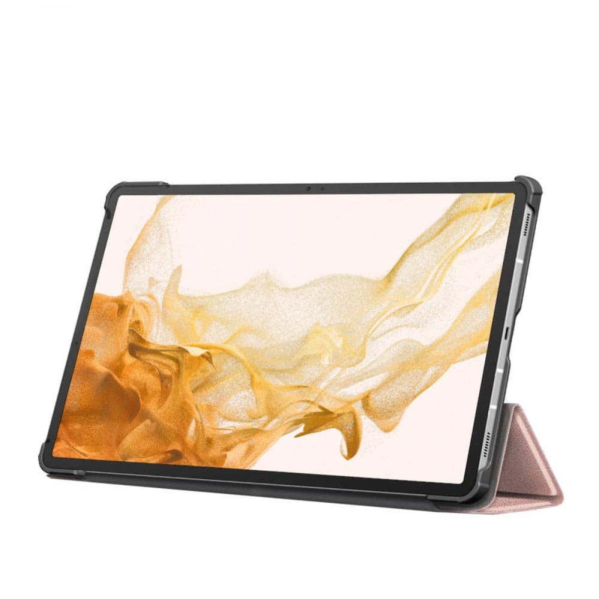 Tablet in schwarzem Gehäuse mit Ständer. Der Bildschirm zeigt einen hellen, abstrakten Hintergrund.