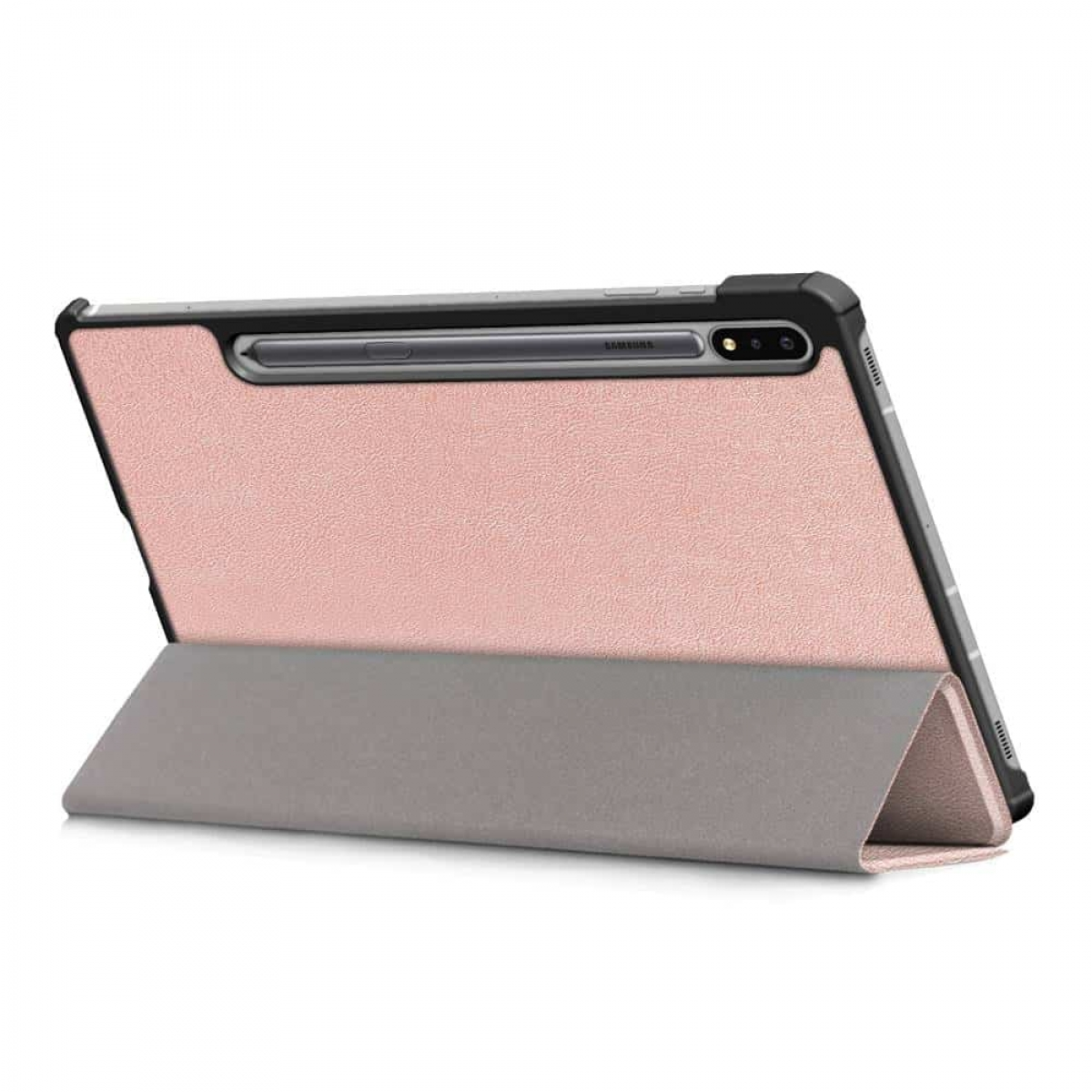 Tablet mit rosa Rückseite und grauem Ständer. S-Pen an der Seite.